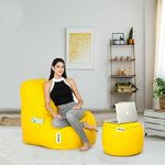Amazon Brand - Solimo Lounger Premium Faux Leather Bean Bag Combo with Footrest & Cushion | Multifunctional Pocket | Capacity: Upto 6' 3" Height, 120 KG Weight | 4XL | Yellow