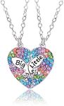 2PCS, Big Sis Little Sis Matching Heart Necklaces, Colorful BFF Crystal Necklaces Best Friends Magnetic Necklaces for 2 Girls, Friendship Valentine Jewelry Gifts for Kids Girls Women Friends Sisters