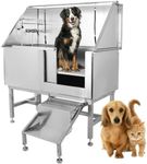 50" Pet Dog Grooming Bathing Station, Professional Stainless Steel Dog Grooming Tub w/Removable Ramp, Storage Drawer, Floor Grate, Stairs Faucet, Dog Bathtab for Large, Medium & Small Pets, Right Door