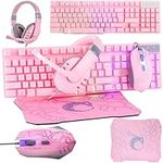 Pink Gaming Keyboard and Mouse Headset Headphones and Mouse pad Wired LED RGB Backlight Bundle Pink PC Accessories for Gamers and Xbox and PS4 PS5 Nintendo Switch Users - 4in1 Edition Hornet RX-250