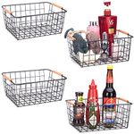 LeleCAT Wire Baskets with Wooden Handles, Wire Storage Organizer Baskets, Household Refrigerator for Cabinets, Pantry, Closets, Bedrooms - Set of 4（Black)