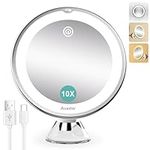 Auxmir 2024 Upgraded 10X Magnifying Lighted Makeup Mirror with 3 Color Lights, Rechargeable Vanity Mirror with Power Suction Cup, 360° Swivel, Touch Dimmable Lighted Bathroom Mirror for Home Travel