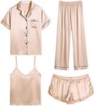 SWOMOG Womens 4pcs Pyjamas Sets Silk Satin Pyjamas Sexy Cami with Button Down Short Sleeve Shirt Pjs Sleepwear Set Champagne