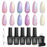 Beetles Pearl Gel Nail Polish Set 6 Colors Shimmer Pearl White Pink Purple Mermaid Nail Drawing Gel Polish Soak Off Uv Led Gel Polish Swirl Shell Thread Effect DIY Manicure Art