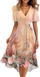 JXKIKOZE Womens Boho Floral Printed Chiffon Dresses 2026 Elegant V Neck Belted Summer Wedding Prom Cocktail Midi Dress;Chiffon Dresses for Women,10-Orange Medium