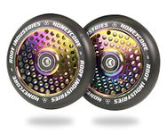 Root Industries 110mm Honeycore Stunt Trick Scooter Wheels (Pair) - Smooth Fast Hollowcore - Kick Push Scooter Tire - Pro Freestyle Urethane - Fit Most Setups - 24mm x 110mm - Bearings Installed (Black/Neochrome)