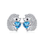 Flyow Hedgehog Stud Earrings for Women Girls 925 Sterling Silver Hedgehog Jewelry Set Cute Animal Blue Heart CZ Earring Hypoallergenic (Earrings)