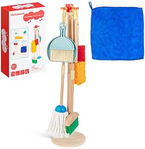 HELLOWOOD Kids Cleaning Set, 8 pcs Housekeeping Pretend Play Set includes Broom Mop Duster Dustpan Brushes Rag and Organizing Stand, Cleaning Toys for Toddlers Girls Boys Age 3-6, Real Beech Wood