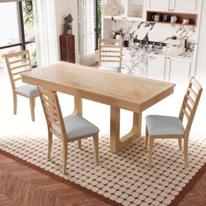 BIAIEMN Extendable Dining Table Set with Upholstered Chairs and 9'x12' Machine Washable Area Rug, Beige Rubber Wood Kitchen Tabl