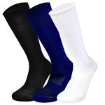 Marchare Boys Soccer Socks Toddler Football Socks 7-10 Years Knee High Solid Sports Socks For Boys Girls Black/White/Blue 3 Pairs