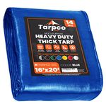 Tarpco Safety Extra Heavy Duty 14 Mil Tarp Cover, Waterproof, UV Resistant, Rip and Tear Proof, Poly Tarpaulin with Reinforced Edges for Roof, Camping, Patio, Pool, Boat (Blue 16′ X 20′)