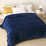 Exclusivo Mezcla Queen Size Flannel Fleece Blanket, 230x230 CM Soft Cozy Decorative Geometry Pattern Velvet Plush Bed Blanket, Navy Blue Blanket