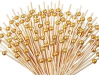 100 Pieces Bamboo Cocktail Picks, BetterJonny Wooden Toothpicks pearl Fruit Sticks for Wedding Birthday Party Supplies (gold beads)