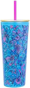 Lilly Pulitzer Double Wall Tumbler with Lid and Reusable Straw, Blue Plastic Cup, Insulated Travel Cup Holds 24 Ounces, Shells N Bells