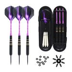 ROOBEEO Steel Tip Darts 3 Pack 23 Grams Professional Darts Metal Tip Set with Brass Barrel Aluminum Shafts Extra 3 PVC Dart Shafts 8 Flight Protectors 12 Rubber O-Rings Dart Storage Case (Purple)