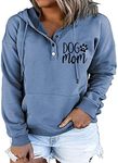 MUZHI Womens MOM Mode Hoodies Sweatshirts Casual Long Sleeve Half Button Down Pullover Drawstring Loose Tops with Pockets, Dog Mom Blue, Large