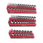 Olsa Tools Magnetic Socket Organizer 3 Piece Socket Holder Kit 1/2-inch, 3/8-inch, & 1/4-inch Drive Metric Red Holds 68 Sockets Professional Quality Tools Organizer,Red, Metric,1368