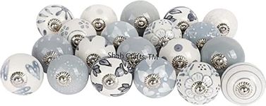 Shah Crafts.Ceramic Door Knobs Set of 12 Grey and White Premium Quality Assorted Flower Designs Handmade for Vintage Interior Furniture, Cabinet Cupboard Wardrobe Drawers Pulls Handles