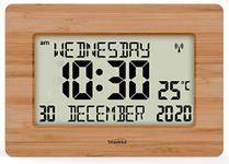 Youshiko Radio Controlled Silent Large LCD Wall Clock (Offical UK Version) Auto Set Up with Day Date Month Helpful for DEMENTIA & ALZHEIMER SUFFERERS (Bamboo Wood)