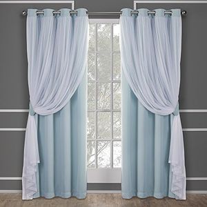 Exclusive Home Catarina Layered Solid Room Darkening Blackout and Sheer Grommet Top Curtain Panel Pair, 52"x84", Aqua