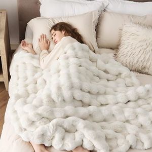 Bedsure Faux Fur Blanket, White Soft and Fluffy Blanket, Fuzzy Cozy Plush Bubble Blanket for Couch, Sofa and Bed, Thick and Warm Blanket, Christmas Blanket, 50x70 inches