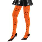 MANZI Halloween Tights for Women High Waist Orange Pumpkin Smiley Face Cute Print Pantyhose 40D