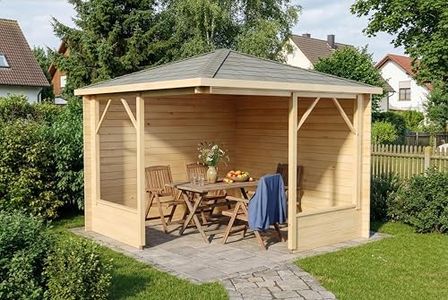 Alpholz 5-Eck Pavillon Maik-28 aus naturbelassenem Holz, 300 x 300cm mit 28 mm Wandstärke