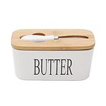 Hanobe Ceramic Butter Dish with Bamboo Lid, Large Airtight Butter Keeper Container Covered for Countertop or Refrigerator, Kitchen Porcelain Butter Storage Holder with Knife, 22oz/650ml White