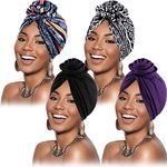 4 Pieces Flower Turbans for Women Soft Pre-Tied Knot Headwraps African Pattern Turban Wraps Multicoloured