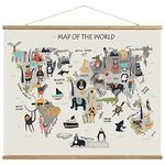 Animal World Map Hanging Canvas Wall Art , World Maps for Kids Wall, Baby Room World Map, Animals of The World Poster for Children Education, 24"x18" Ready to Hang