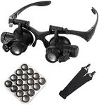 mlogiroa Head Mounted Magnifier with LED Light, Jewelers Loupe Magnifying Glasses with 8 Interchangeable Lens: 2.5X/4X/6X/8X/10X/15X/ 20X/25X for Close Work/Electronics/Eyelash/Crafts/Jewelry/Repair