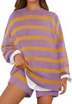 MEROKEETY Women's 2 Piece Sweater Lounge Sets Striped Long Sleeve Shorts Oversized Matching Outfits, PurpleCombo, Large