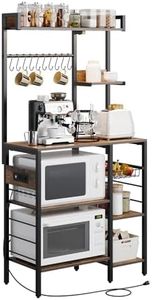 GarveeHome Kitchen Rack with Led Lights, Power Outlet, and Wire Basket, Microwave Stand with 10 S-shaped Hooks, Utility Storage Shelf Rack, X Designed, Bakers Rack for Spices, Spices, Pots, Brown
