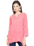 Ada Handmade Lucknowi Chikankari Women's Pure Cotton Short Top Kurti S509697 Carrot Pink