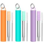 Tanhala Metal Reusable Travel Drinking Straw - 3 Pack Collapsible Stainless Steel Straws with Cleaning Brush & Silicone Tips Portable Telescopic Drinking Straws with Storage Case & Keychain Ring 3P2