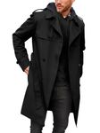 Pretifeel Mens Trench Coat Slim Fit Double Breasted Long Jacket Notched Lapel Belt Fall Windproof Coat, Black, X-Large