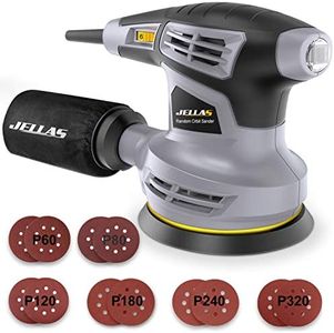 Orbital Sander, Jellas 125MM 13000RPM 6 Variable Speed Orbit Sander, 12 Pcs Sandpapers,Dust Collection Bag, 360°Rotating Sanding Base Plate, Electric Sander,OS280-SD