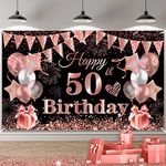 50th Birthday Decoration Banner, 50th Black Rosegold Birthday Backdrop Banner Photo Booth Sign Decorations, Extra Large Fifty Birthday Banner Background for Women 50th Birthday Party Supplies