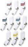 Amazon Essentials Boys' Kids Cotton Crew Gym Socks, 10-Pack White/Varsity Stripes, Medium