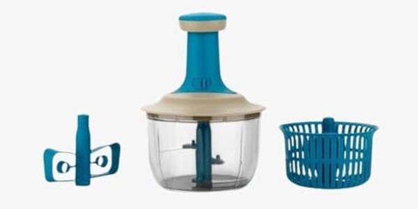 Anjali Veggie Salad Spinner with Churner & Stainless Steel Blade | Blue Plastic Vegetable Dryer & Washer | Manual Spin Basket for Fruits & Greens