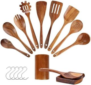 CATZONS Wooden Spoons for Cooking, 11 Pcs Wooden Cooking Utensils Set - with Holder & Spoon Rest, Smooth Finish Comfort Grip Teak Wood Spatula Set