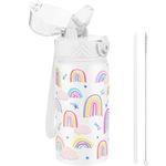 GOPPUS 420ml/14oz Kids Insulated Water Bottle with Straw Cute Double Wall Stainless Steel Child's Small Flask Vacuum Insulated Steel Metal Leak Proof Drink Flask Boys Toddler Girls Flask BPA-Free