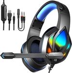 Donerton Gaming Headset, Over-Ear Gaming Headphones with Noise Canceling Mic, Stereo Bass Surround Sound, LED Light, Soft Memory Earmuffs PS4 Gaming Headset Compatible with PC, Laptop,Tablet