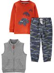 Simple Joys by Carter's Toddler Boys' 3-Piece Fleece Vest, Long-Sleeve Shirt, and Woven Pant Playwear Set, Grey/Red Trucks/Camo, 5T