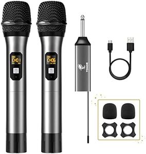 TONOR Microphone sans Fil, Système UHF de Micro Dynamique à Main Double en Métal avec Récepteur Rechargeable pour Karaoké, Mariage,DJ, Fête, Discours, Église, Classe, 60m (TW630), Gris