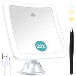 B Beauty Planet Makeup Mirror with Light,20x Magnifying Lighted Vanity Mirror with Touch Control and Suction Cup,Rechargeable,3 Colours Lighting,360° Rotation,Bathroom Vanity and Travel,Square