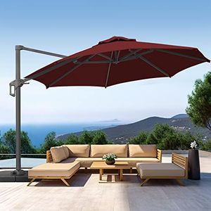 VINEY BANQUET 12ft Roundness Aluminum Patio Umbrella Cantilever Offset Umbrella Outdoor 60 Month Fade Resistance & UV Protection Outtra Recycled Fabric, 360 Rotation with Aluminum Pole for Pool Deck ，with Cross Base（Burgundy）