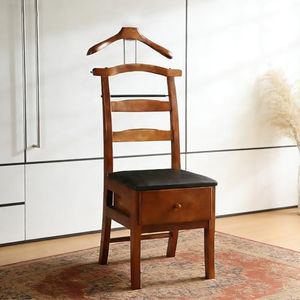 SJVKIGHU Chair Valet With Drawer,Wooden Suit Valet Stand With Contour Hanger,Trouser Bar and Tie & Belt Bar, 18" W x 23" D x 44" H,Natural wood color