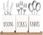 CHONIC Farmhouse Silverware Holder, Rustic Wood Silverware Caddy with Tray, Spoon Fork Knives Flatware Dispenser, Utensil Countertop Organizer, Plastic Cutlery Holder for Kitchen Party (White)