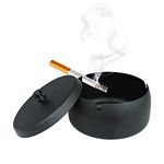 Andiker Metal Ashtrays with Lid, Non-Slip Windproof Smell Proof Ashtray for Cigarette, Tabletop Stainless Steel Ash Trays Black for Home Office and Indoor